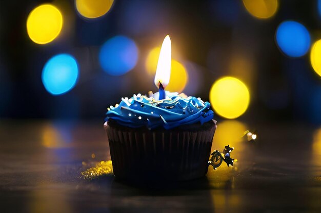 Pastel de chocolate de cumpleaños con chary rojo y tres velas en fondo de confeti