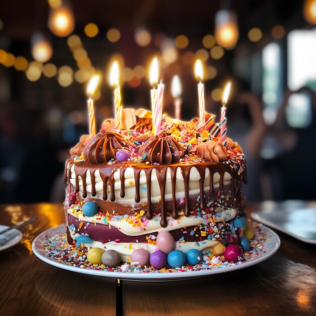 Foto pastel de chocolate de cumpleaños con velas en un fondo de madera