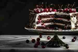 Foto un pastel de chocolate decadente con capas de rica ganacha de chocolate y cerezas frescas aiga