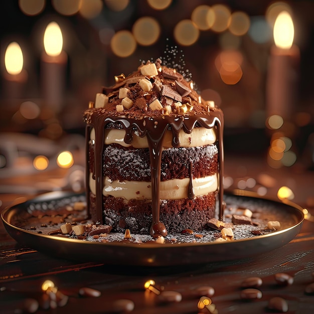 Pastel de chocolate decadente con nuez en la tapa Un delicioso pastel de chocolate con una generosa cantidad de nueces