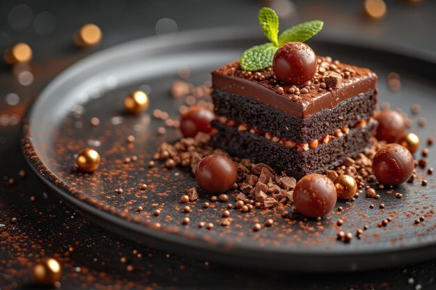 Un pastel de chocolate decadente en un plato de lujo