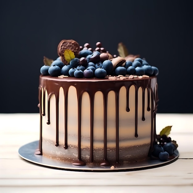 Pastel de chocolate decorado con arándanos y chocolates sobre un fondo blanco Generación Ai