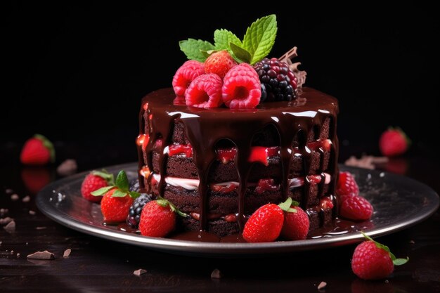 Pastel de chocolate decorado con fresas frambuesas y moras