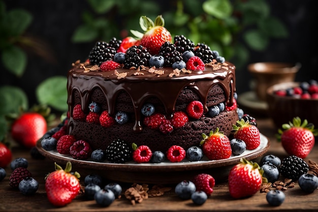 Pastel de chocolate decorado con frutas del bosque arándanos fresas y moras