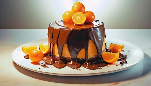 pastel con chocolate derretido decorado con frutas de naranja