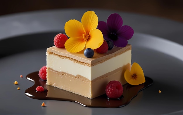 Foto un pastel de chocolate derretido con flores y frambuesas en él se sienta en una mesa