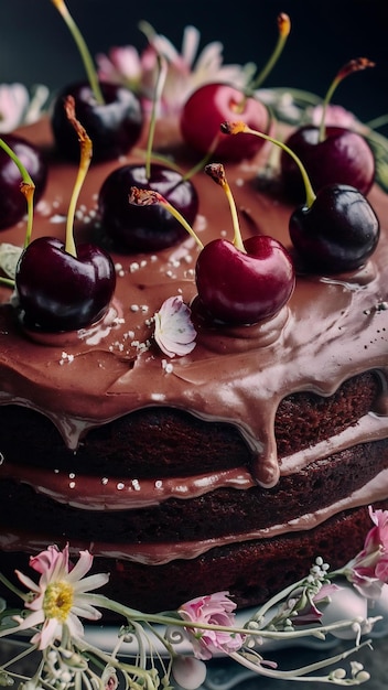 Pastel de chocolate dulce con cerezas