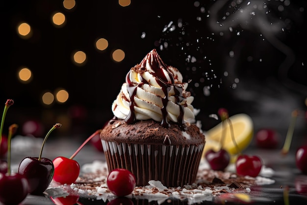 Pastel de chocolate con dulces y cerezas Festivo y tentador generativo IA