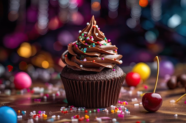 Pastel de chocolate con dulces y cerezas Festivo y tentador generativo IA