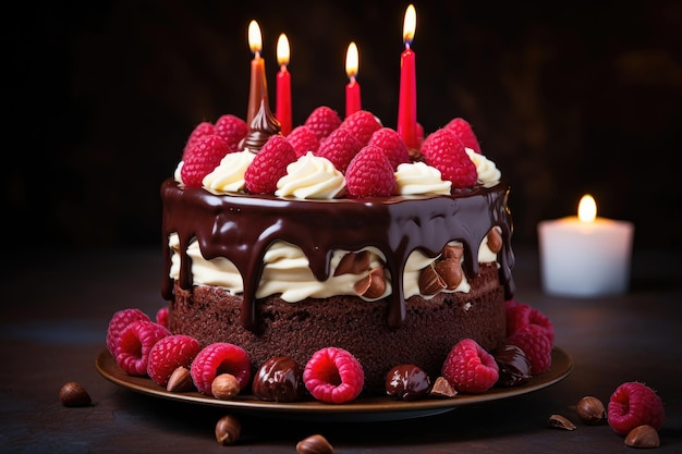 Pastel de chocolate festivo con frambuesas, chocolates, nueces y crema de mantequilla con velas.