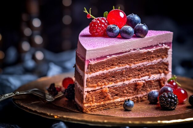 un pastel de chocolate con frambuesas y arándanos encima.