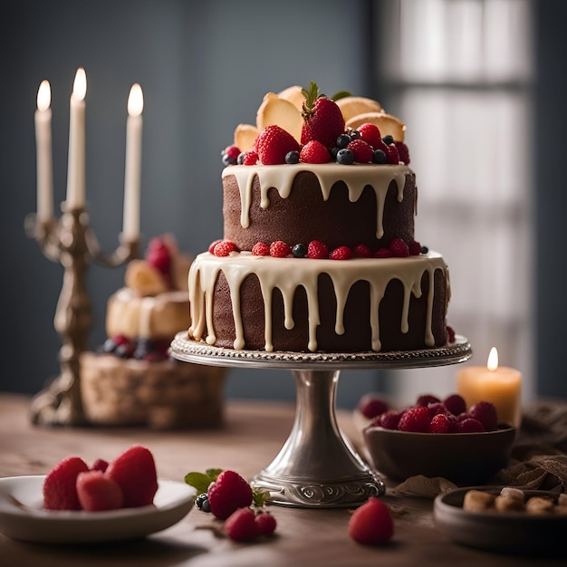 Pastel de chocolate con frambuesas y arándanos enfoque selectivo