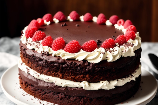 Un pastel de chocolate con frambuesas encima