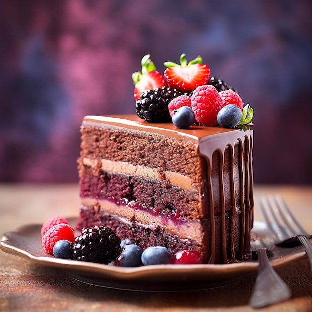 un pastel de chocolate con frambuesas y frambuesas en un plato.