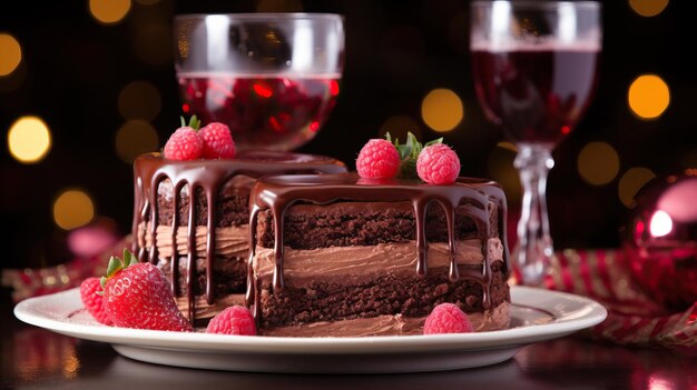 un pastel de chocolate con frambuesas y fresas en un plato