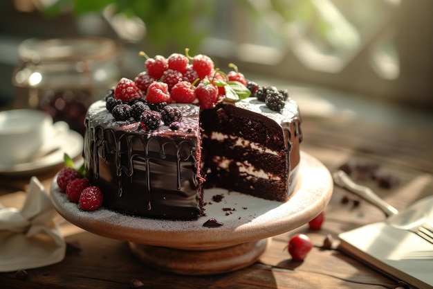 Pastel de chocolate con frambuesas y helado de chocolate