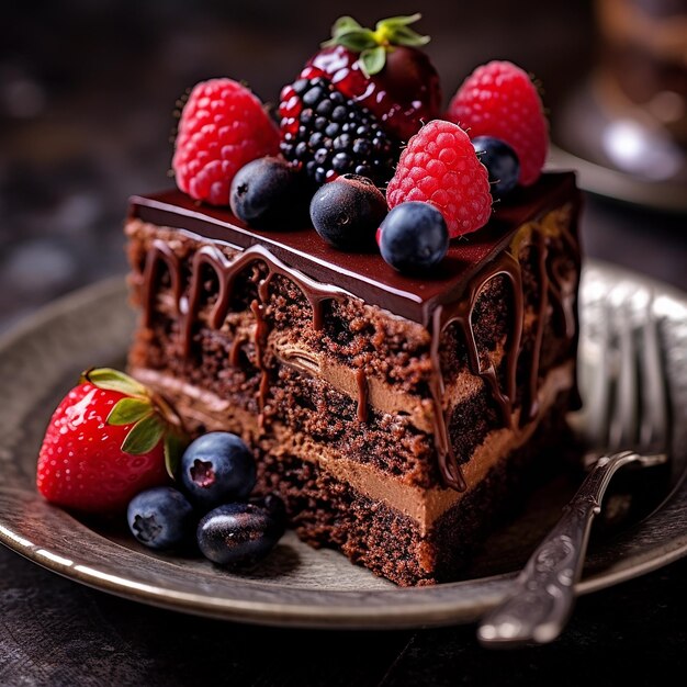 un pastel de chocolate con frambuesas y una mora encima.