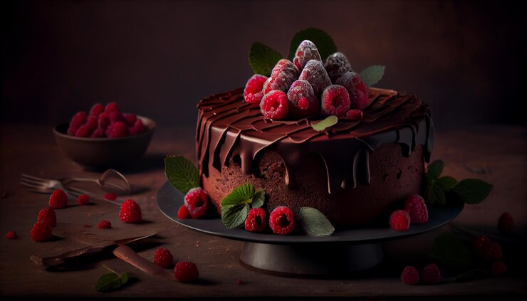 Pastel de chocolate con frambuesas y moras sobre un fondo oscuro generativo ai
