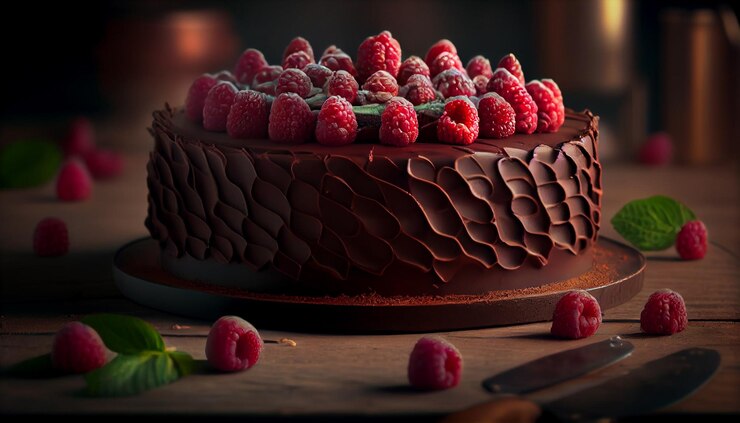 Pastel de chocolate con frambuesas y moras sobre un fondo oscuro generativo ai