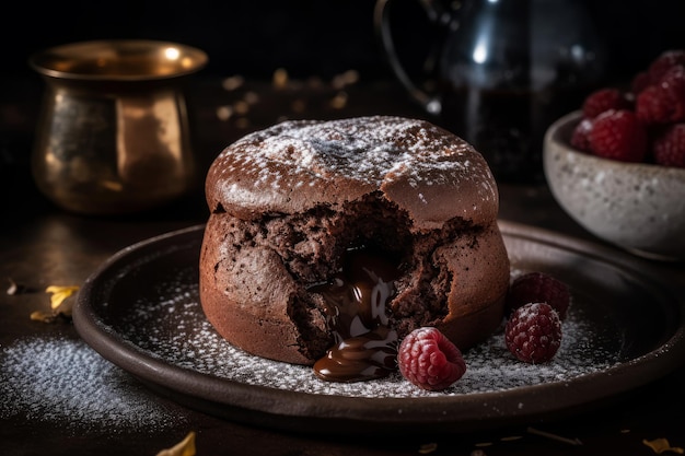 Un pastel de chocolate con frambuesas en un plato