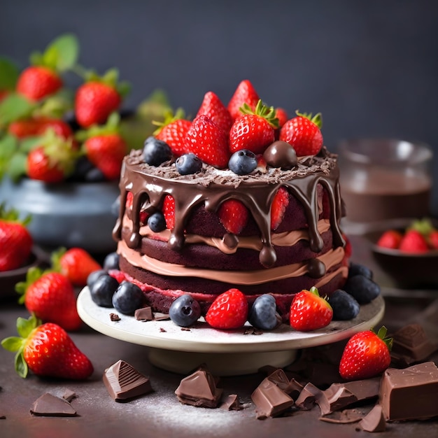 Pastel de chocolate de fresa y bayas frescas