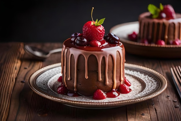 Un pastel de chocolate con una fresa encima.