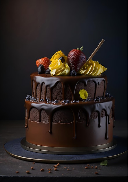 Un pastel de chocolate con fresas y arándanos encima.