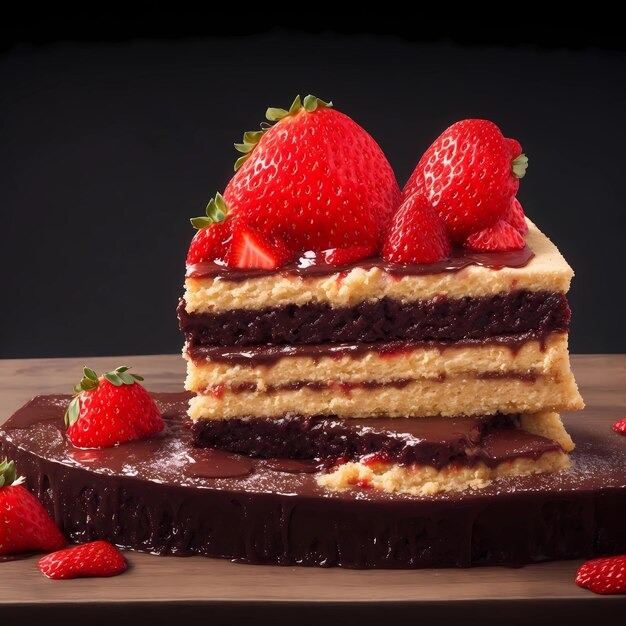 un pastel de chocolate con fresas y chocolate encima.