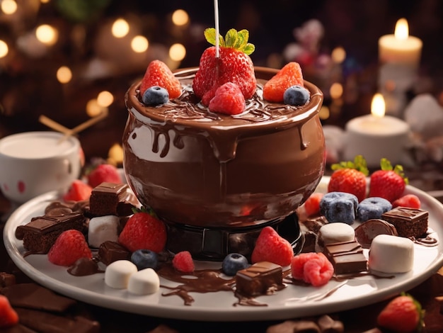un pastel de chocolate con fresas y chocolate en la parte superior