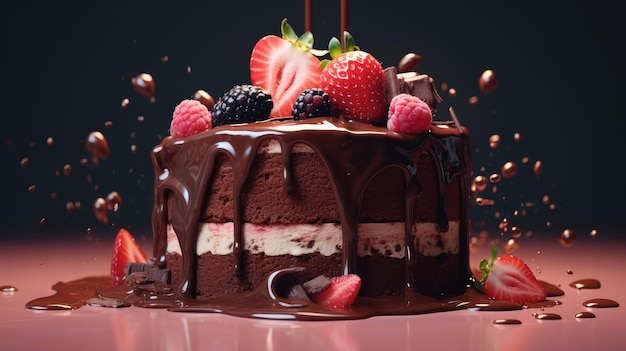 un pastel con chocolate y fresas en él