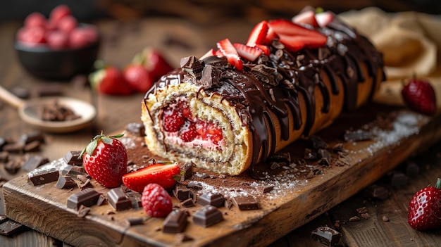 Foto el pastel de chocolate de fresas es un postre en la mesa.