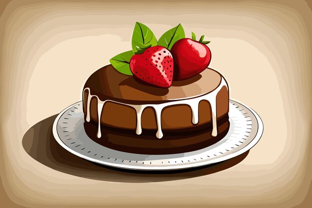 Pastel de chocolate con fresas y glaseado de crema en un plato Ilustración vectorial de postre dulce