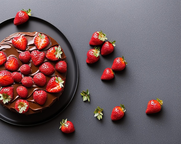 pastel de chocolate con fresas y menta en un plato