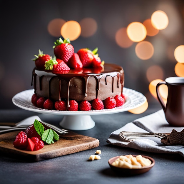 Un pastel de chocolate con fresas en una mesa y una taza con una taza de café en ella