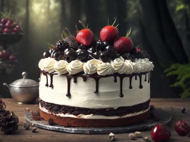 Un pastel con chocolate y fresas en la parte superior