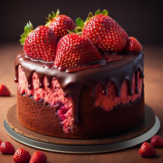 Un pastel de chocolate con fresas en la parte superior