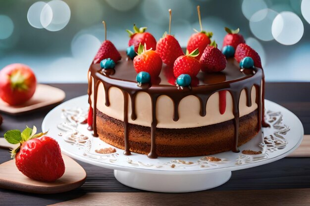 un pastel de chocolate con fresas en un plato