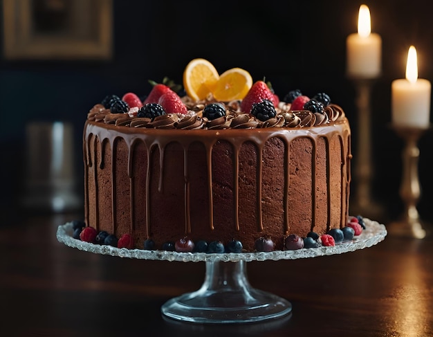 Foto un pastel de chocolate con fruta y una vela detrás de él