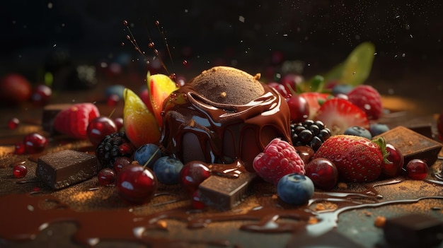 Un pastel de chocolate con frutas y bayas