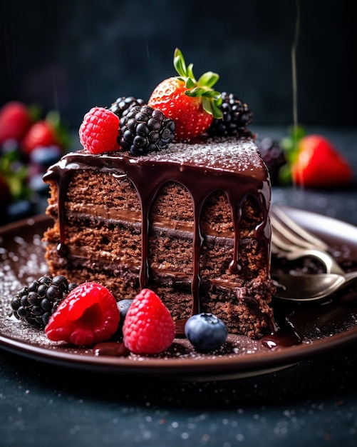 un pastel de chocolate con frutos rojos y una cuchara en un plato con una cuchara.