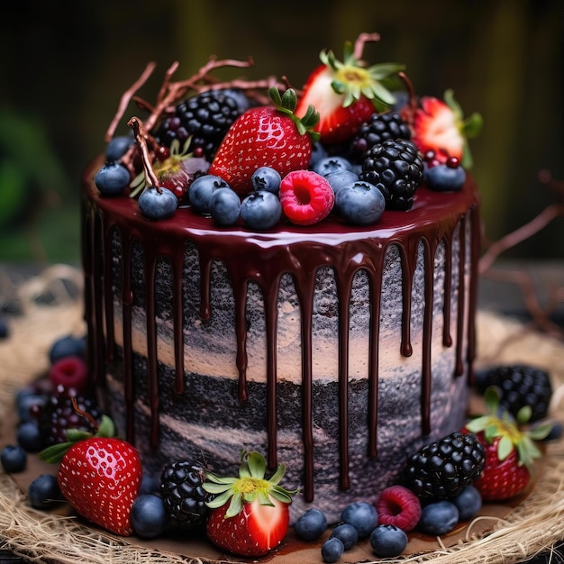 un pastel de chocolate con frutos rojos y fresas encima