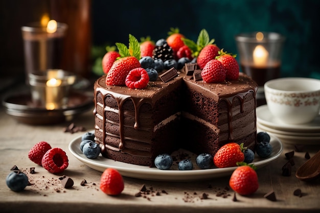 Pastel de chocolate con frutos rojos sobre una tabla de madera