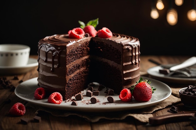 Pastel de chocolate con frutos rojos sobre una tabla de madera