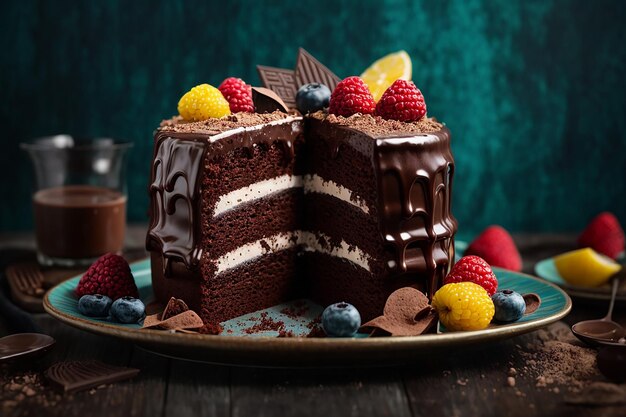 Pastel de chocolate con frutos rojos sobre una tabla de madera