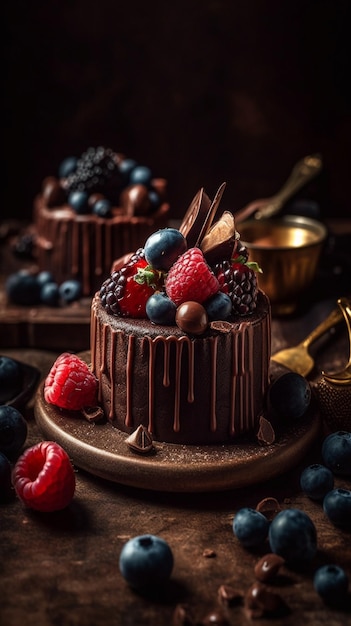 Foto pastel de chocolate con ganache de chocolate y bayas encima.