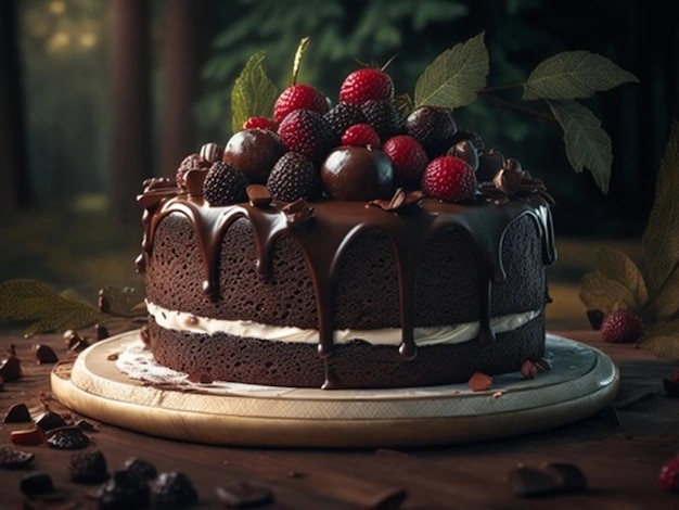 Un pastel de chocolate con ganache de chocolate y bayas