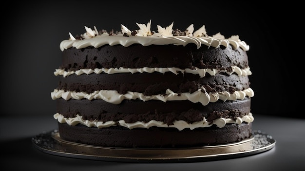 Pastel de chocolate con glaseado blanco y fondo negro.