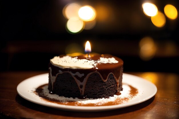 Un pastel de chocolate con glaseado blanco y una llama