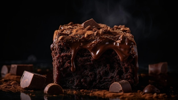 Un pastel de chocolate con glaseado de chocolate y chispas de chocolate sobre un fondo negro