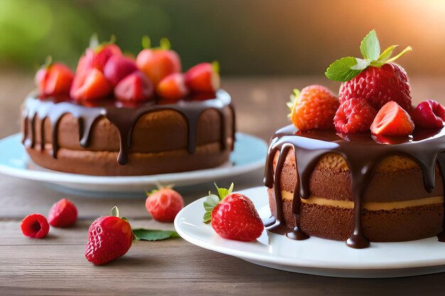 pastel de chocolate con glaseado de chocolate y fresas en un plato.